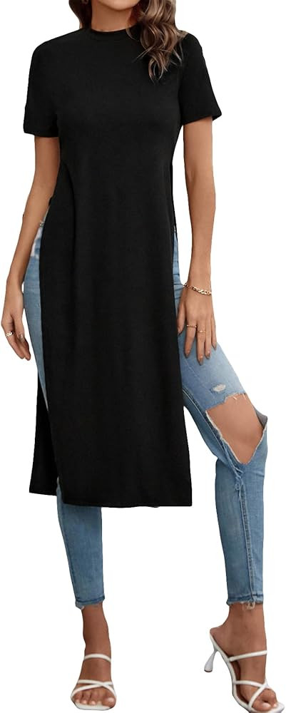 Verdusa Women's Casual Short Sleeve Tops T-Shirts Long Tees with Side Split | Amazon (US)