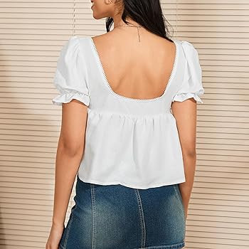 Women Lace Square Neck Top Puff Short Sleeved Ruffle Flowy Hem Backless Babydoll Blouse Cute Pepl... | Amazon (US)