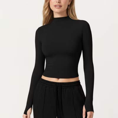 Anna-Kaci Active Women's High-Neck Cropped Long-Sleeve Top with Soft Textured Fabric - Large, Black | Target