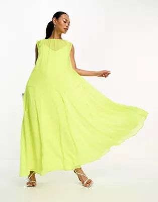 ASOS DESIGN sleeveless chiffon oversized smock dress with high godet detail in lime | ASOS (Global)