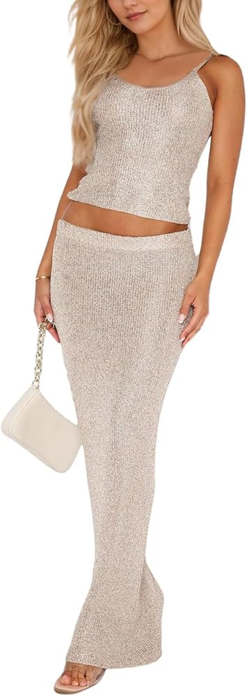 Women Sexy Glitter Knit 2 Piece Outfits Sequin Slim Fit Crop Cami Top Sparkle Maxi Bodycon Skirt ... | Amazon (US)