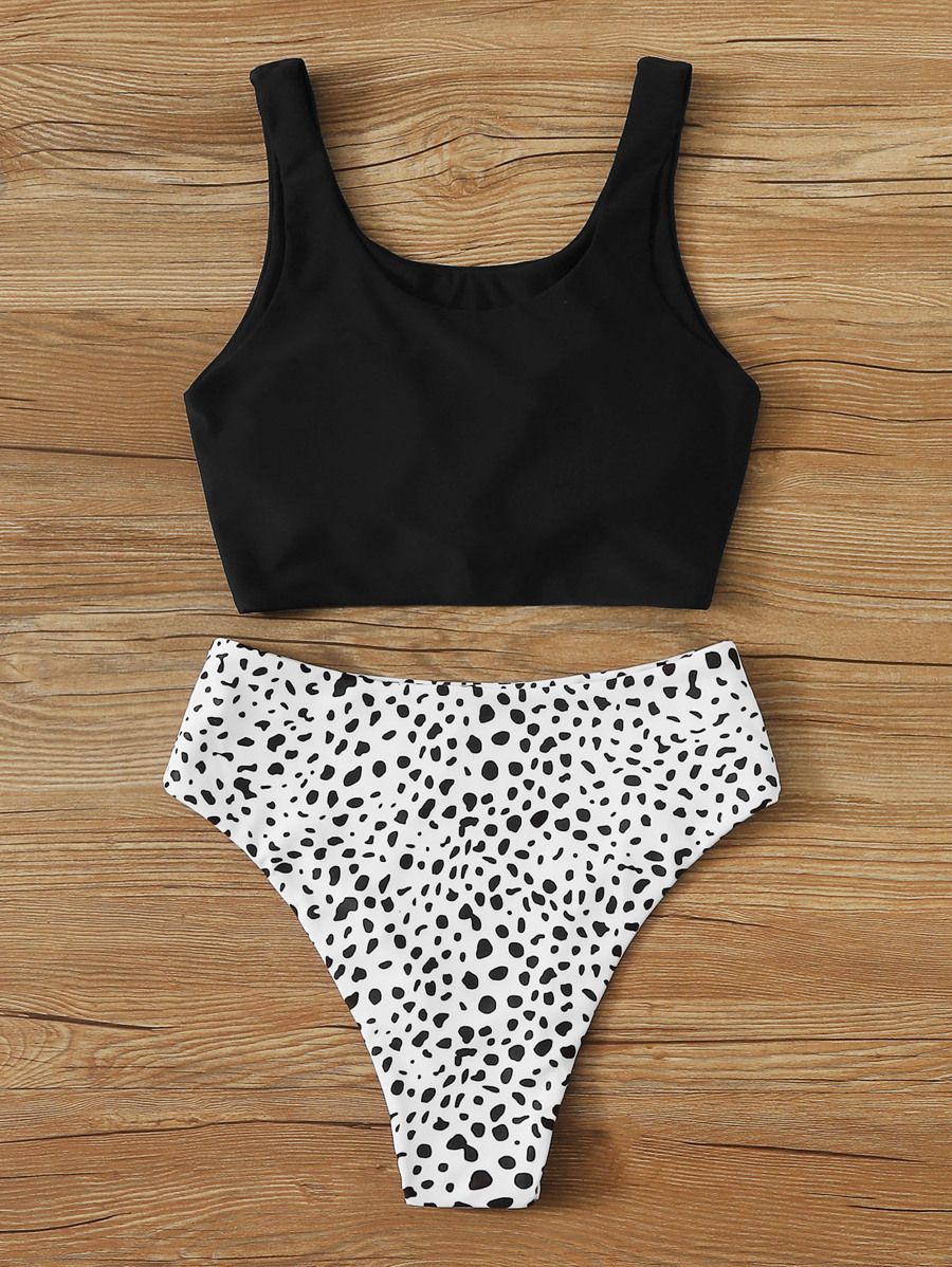 Dalmatian Knot Detail High Waisted Bikini Swimsuit | SHEIN