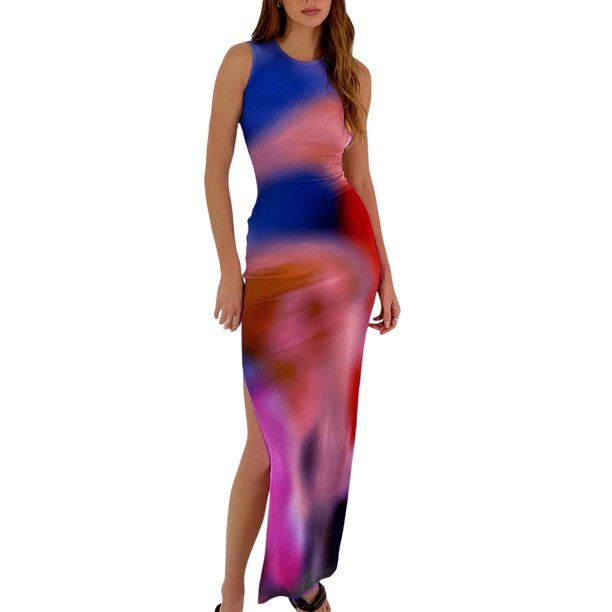 Pudcoco Women Summer Long Dress Sleeveless O Neck Tie Dye Print Side Split Dress | Walmart (US)