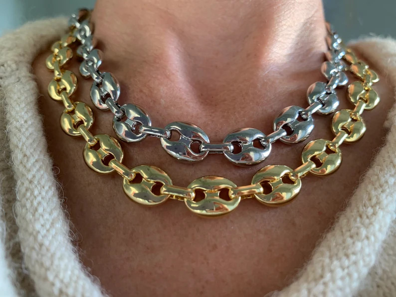 14k Gold Plated Puffy Puffed Anchor Mariner Gucci Link Chain Necklace 10mm Thick, 16-20 Inch Leng... | Etsy (US)