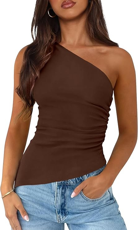 Womens 2026 Summer Y2K Tops Sleeveless One Shoulder Slim Fit Shirts Ruched Knit Asymmetrical Top ... | Amazon (US)