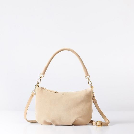 Double Handle Crossbody Bag, Suede, Light Beige | Mark and Graham