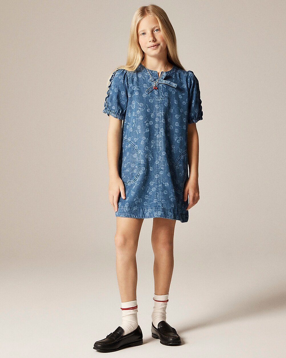 Girls' puff-sleeve cherry dress in drapey denim | J. Crew US
