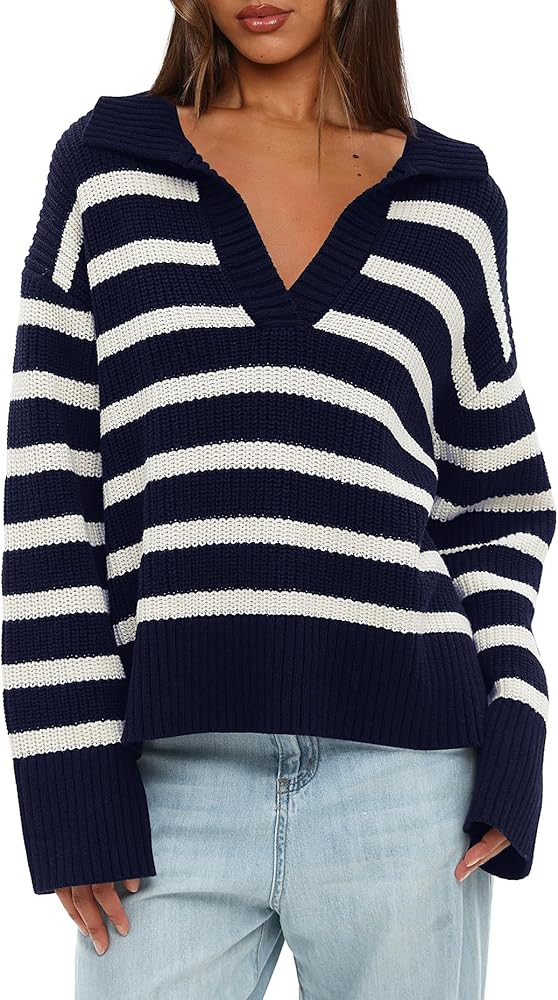 Darong Womens Oversized Sweaters Fall 2024 Fashion Clothes Polo V Neck Striped Knitted Pullover T... | Amazon (US)