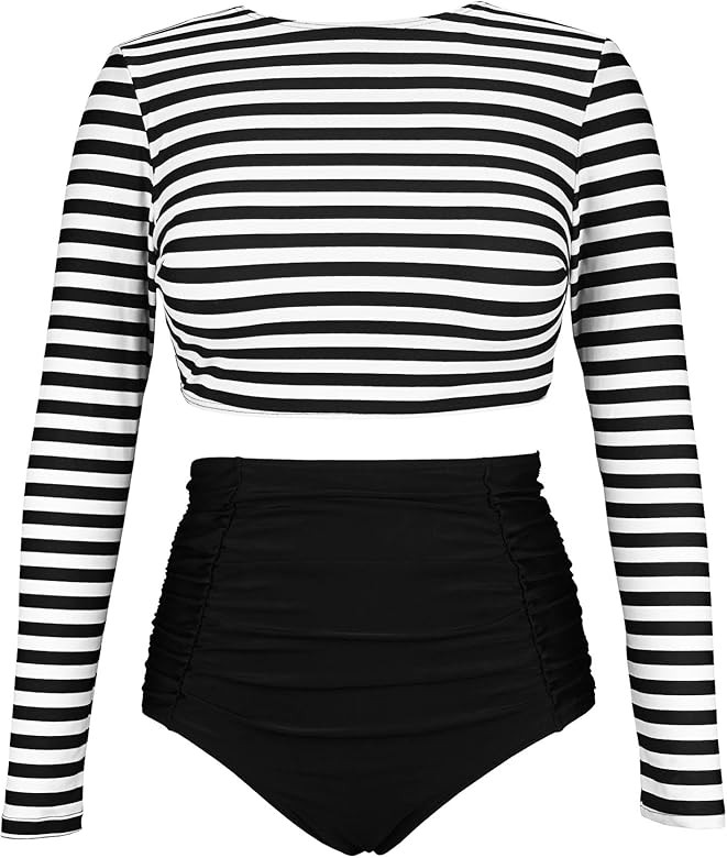 COCOSHIP Women's Long Sleeve Swim Shirt Rash Guard Top Tankinis Set High Waist Bathing Swimsuit(F... | Amazon (US)