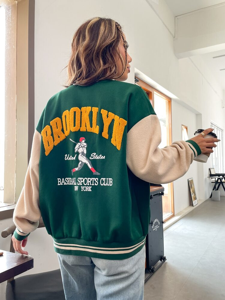 Figure & Letter Graphic Drop Shoulder Two Tone Varsity Jacket | SHEIN
