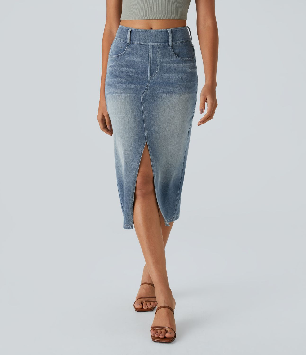 Women’s Halara Flex™ High Waisted Multiple Pockets Bodycon Split Washed Stretchy Knit Denim C... | HALARA