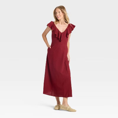 Women's Ruffle Sleeve Maxi A-Line Dress - Universal Thread™ Maroon XS | Target