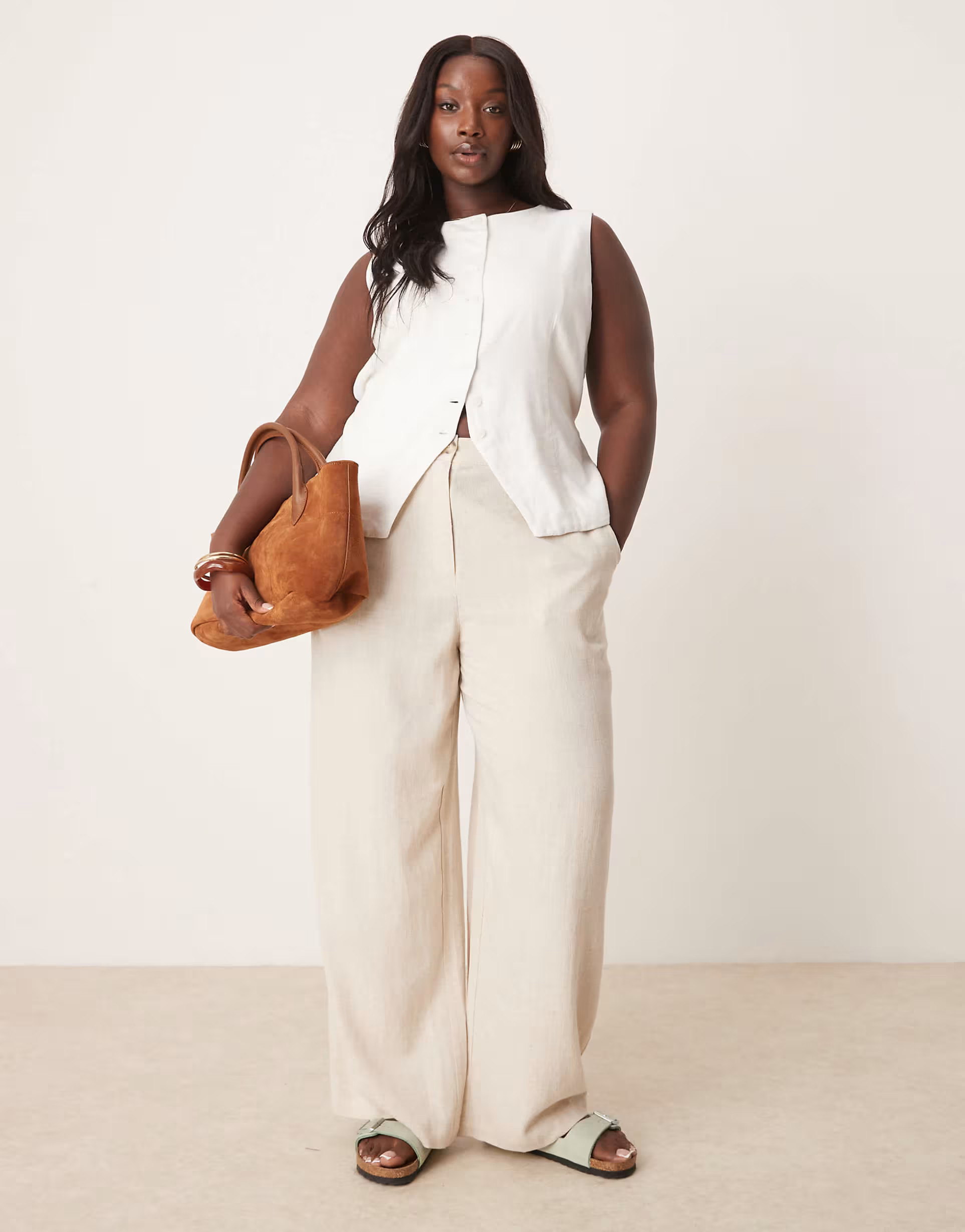ASOS DESIGN Curve relaxed straight leg pants with linen in stone | ASOS (Global)