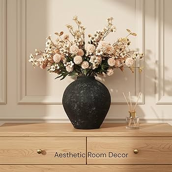 Handmade Large Rustic Ceramic Vase 10.6 inches Tall, Farmhouse Stone Decor, Big Black Round Vase ... | Amazon (US)