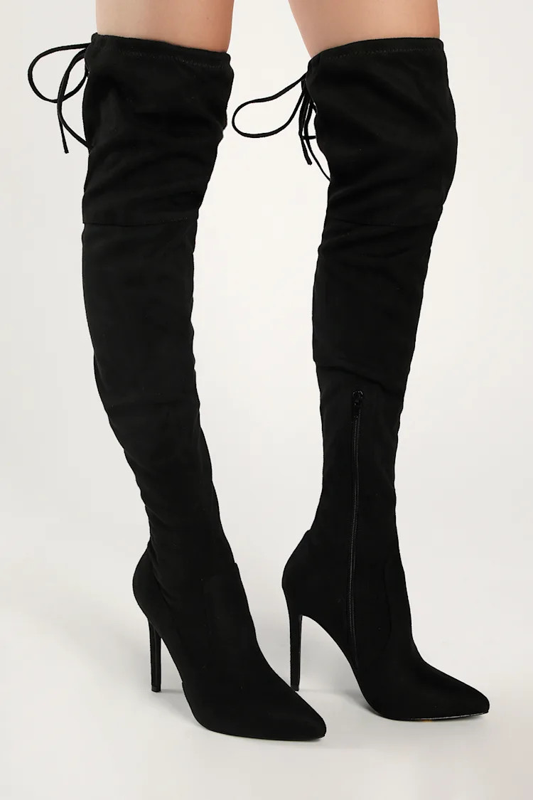 Natiee Black Suede Pointed-Toe Over-the-Knee Boots | Lulus (US)