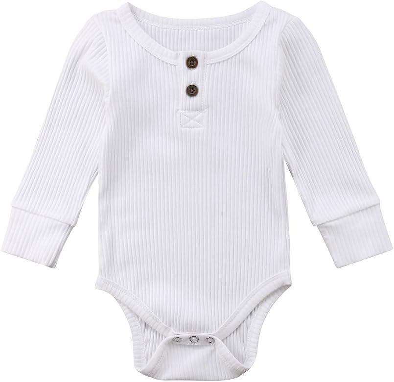 Seyurigaoka Newborn Unisex Baby Solid Onesies Basic Plain Rib Stitch Long Sleeve Bodysuit Clothes... | Amazon (US)