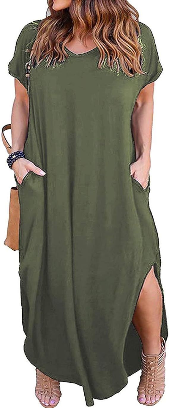 Kancystore Women's Plus Size Dresses Casual Loose Pocket Short Sleeve Slits Plus Size Long Maxi D... | Amazon (US)