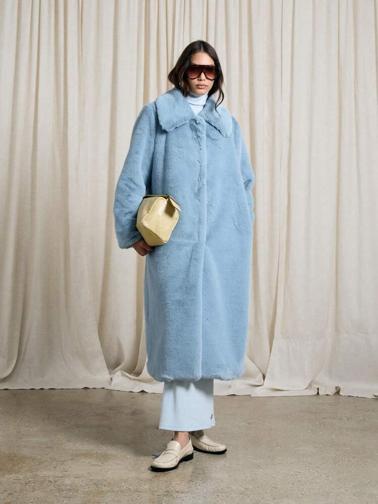 AiiRZ Fluffy Maxi Coat With Oversized Collar | SHEIN