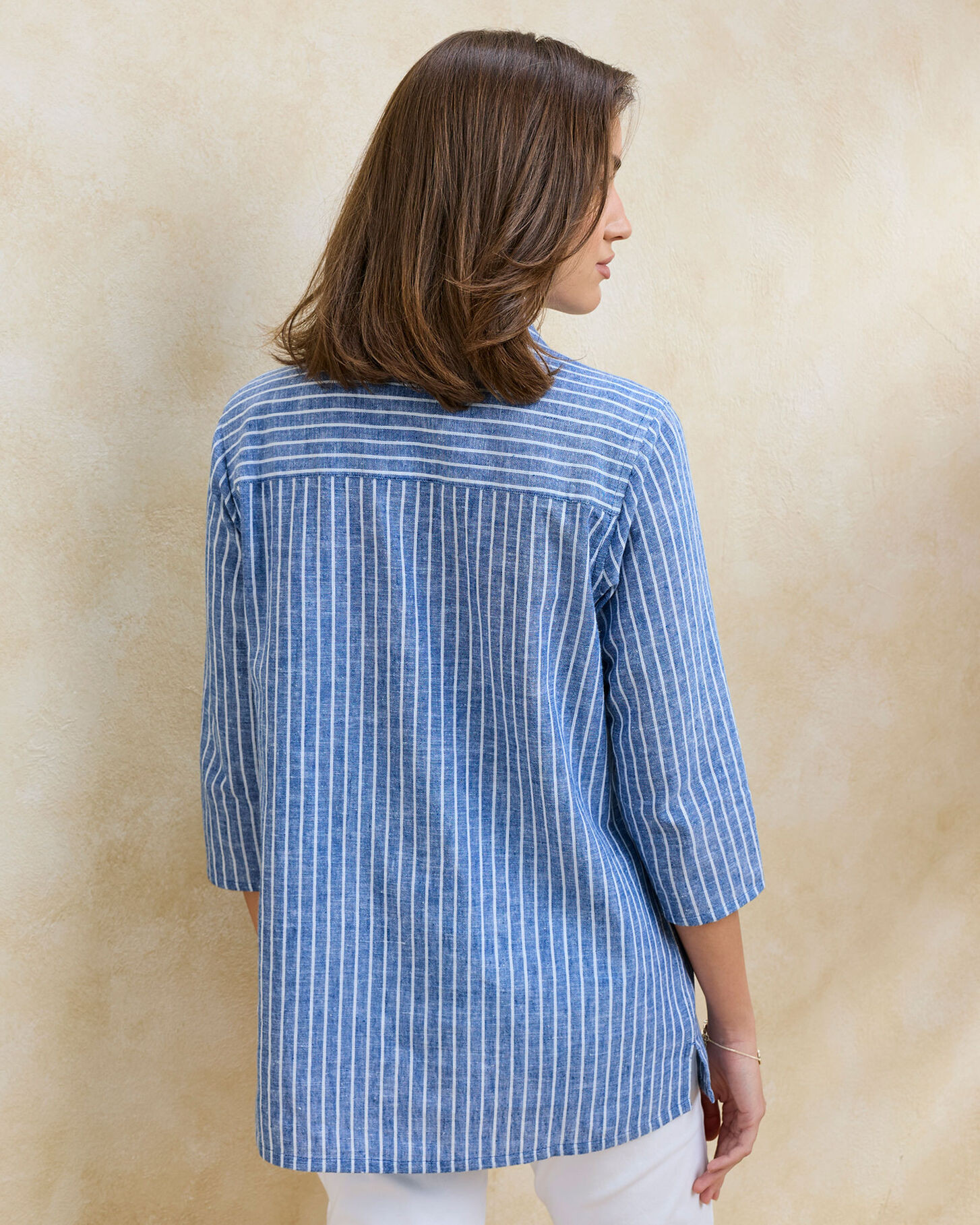 Stripe 3/4 Sleeve Cotton Linen Overshirt - Blue | Cotton Traders (UK)