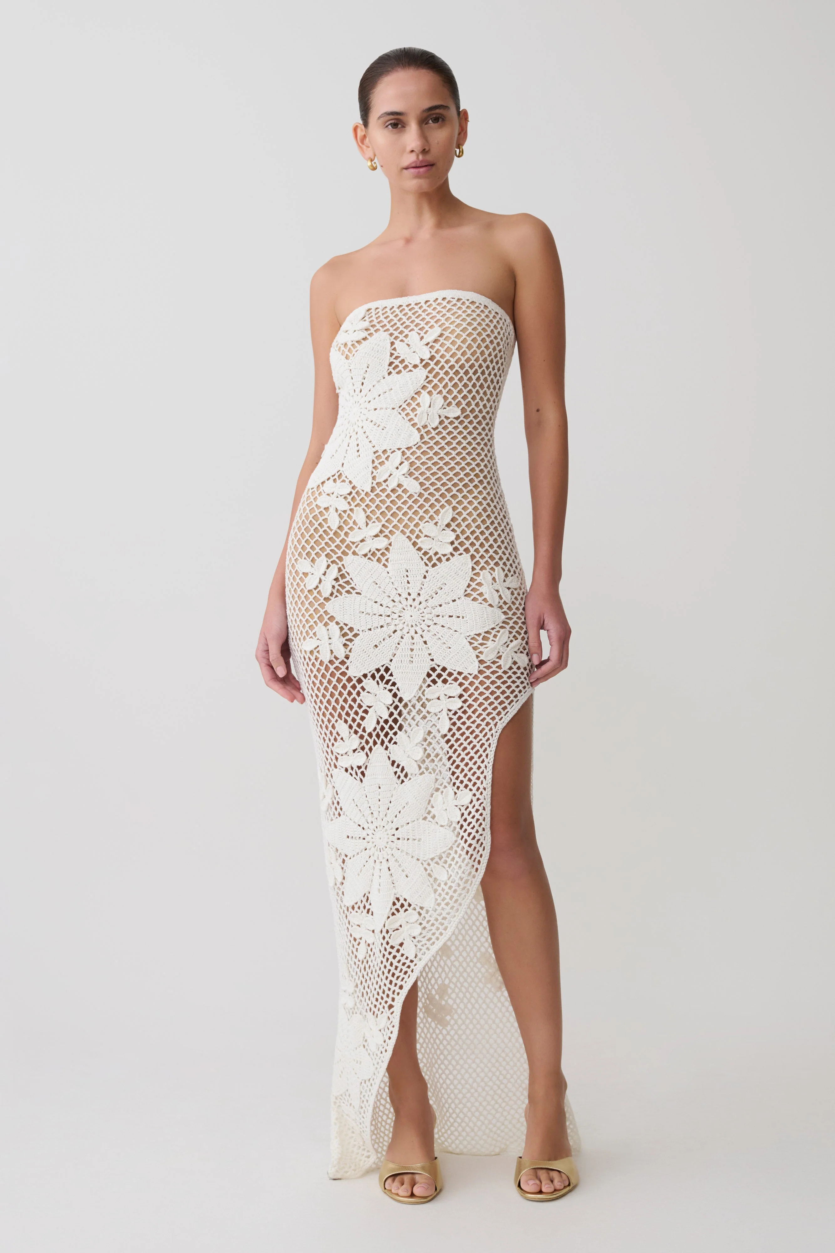 Hand Crochet Asymmetrical Maxi Dress - White | MESHKI US