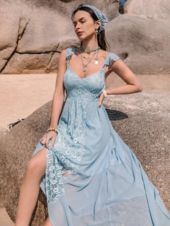 Rusttydustty Contrast Lace Longline Dress | SHEIN