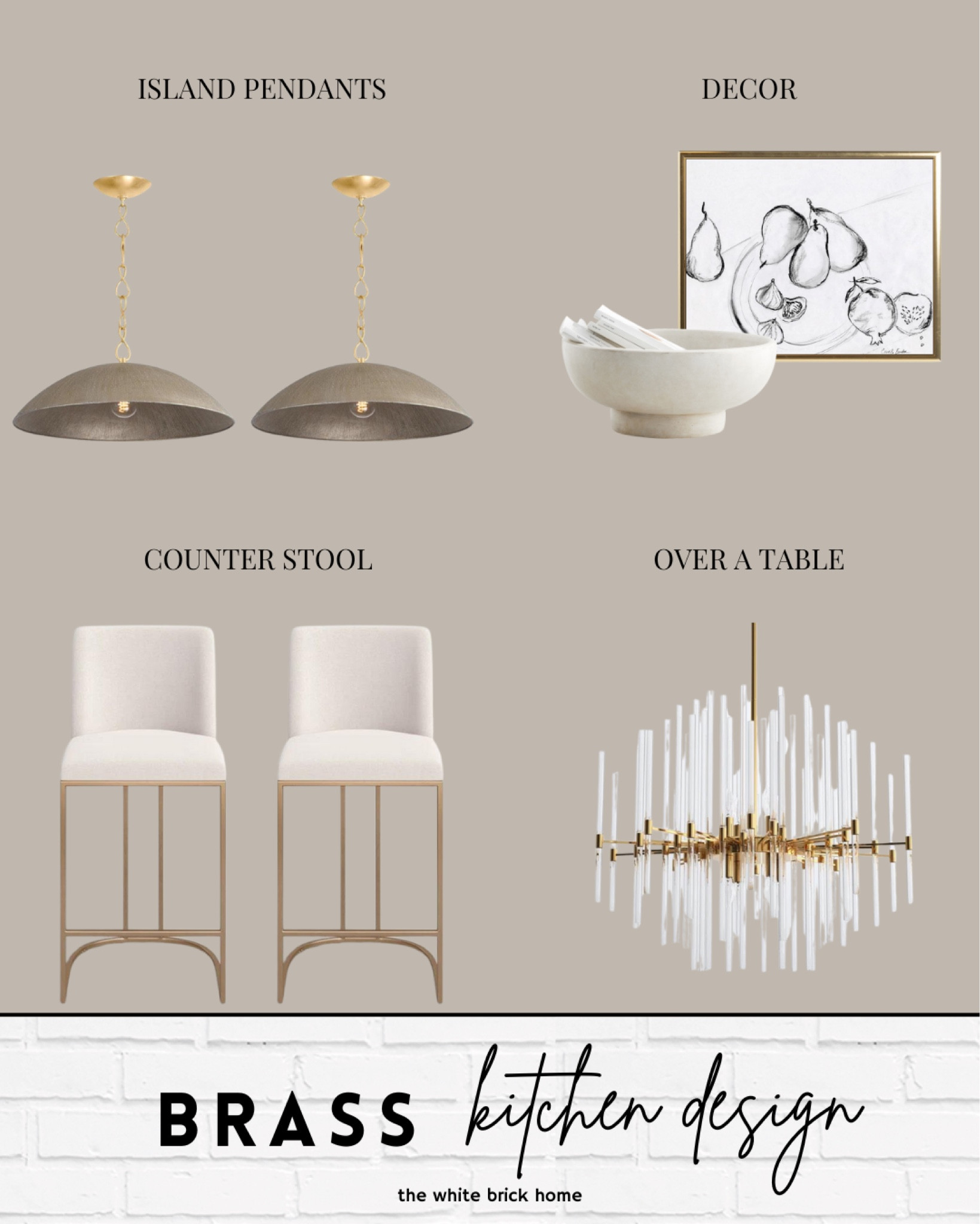 Brass kitchen lighting ideas for your kitchen island and a coordinating kitchen table or dining room light fixture! 

Kitchen, kitchen design, kitchen remodel, modern kitchen, island pendants, chandelier, dining room chandelier, kitchen stools, wayfair, McGee and co, pottery barn. 

#LTKHome #LTKSaleAlert #LTKStyleTip