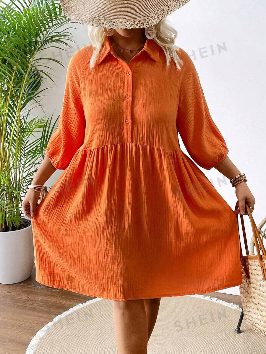 SHEIN VCAY Plus Size Orange Loose Side Pocket Women's Summer Shirt Dress For Vacation | SHEIN