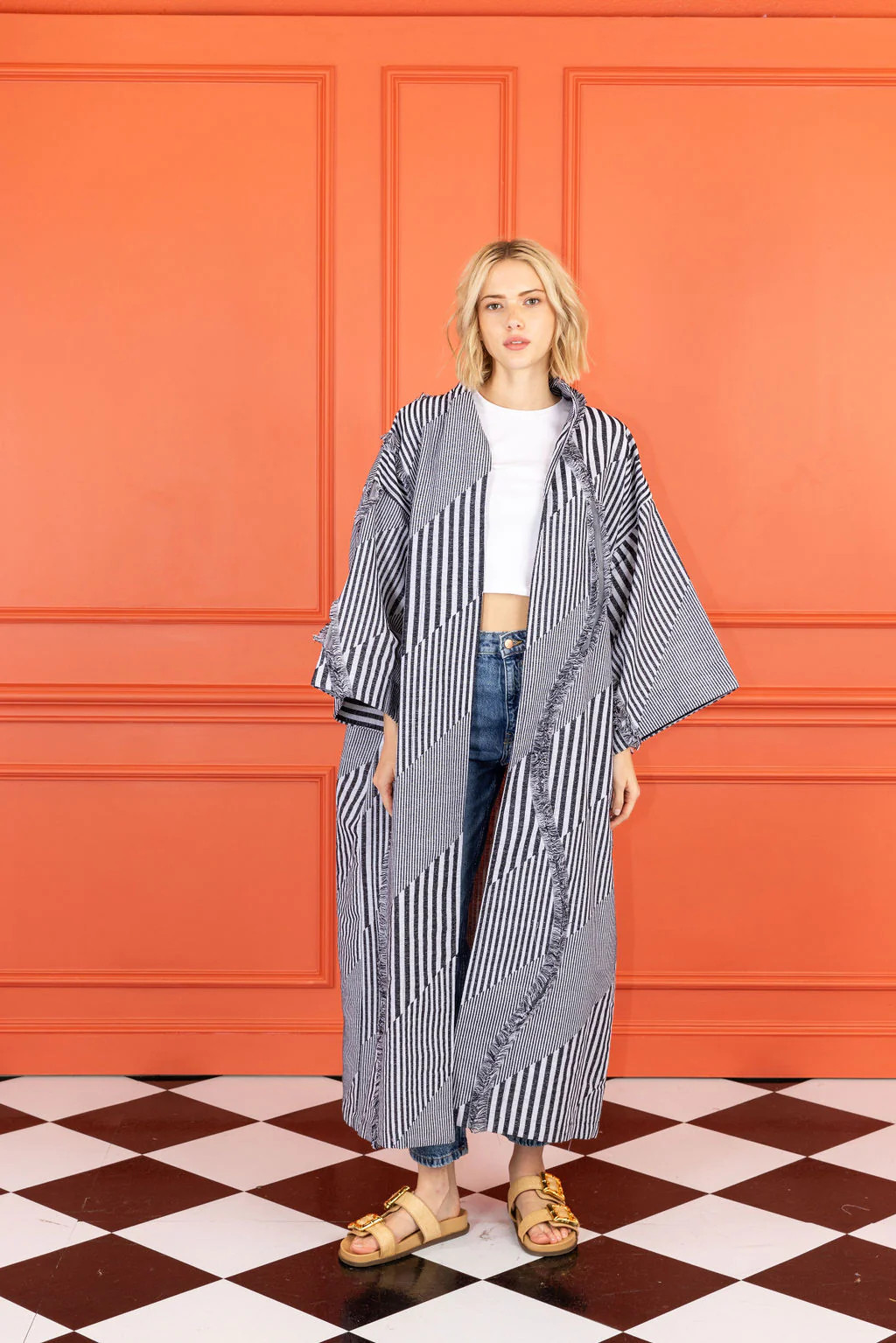b+w diagonal stripe maxi duster | La Vie Style House