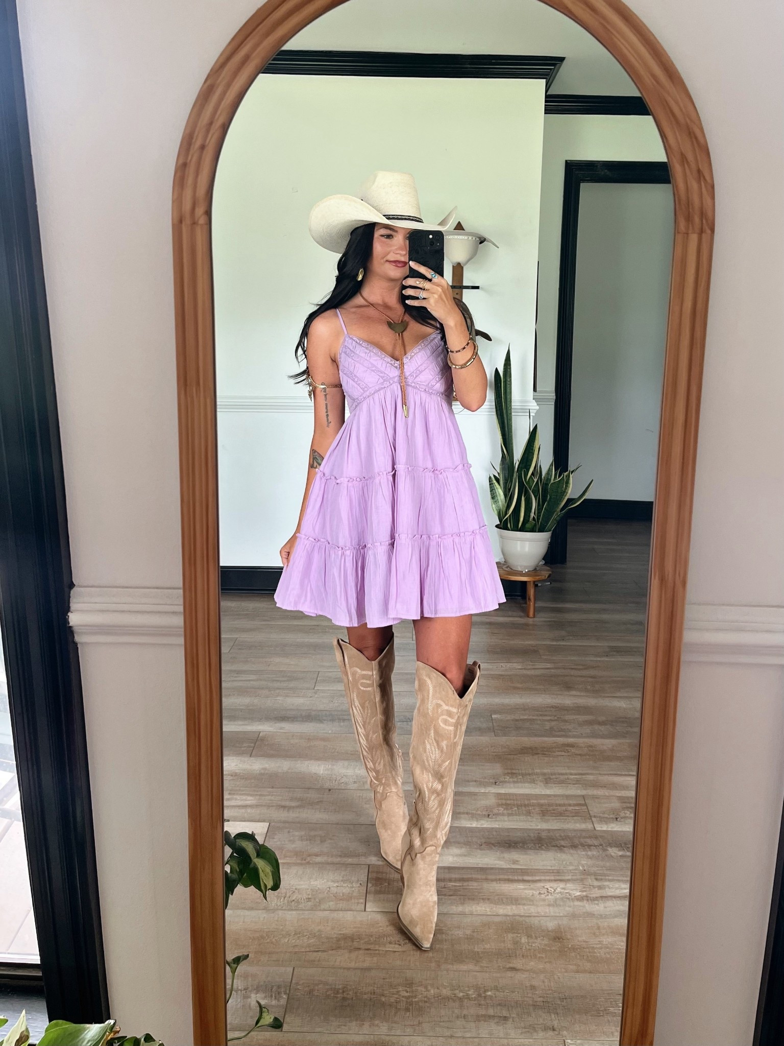 Last and final day of my rodeo series! Mini dress paired with tan boots! Obsessed with this vibrant lavender 💜 wearing xs dress! Code LORILYNN40 for 40% off boots! Bolo from November maker 

#LTKFestival #LTKootd #LTKSeasonal