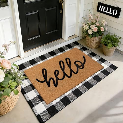 2 Pcs Welcome Door Mat Set, Layered Hello Coir Doormat with Black and White Buffalo Plaid Mat, Front Door Mats with Non-Slip TPR Backing, Farmhouse Modern Door Decor for Porch, Entryway, Patio | Amazon (US)