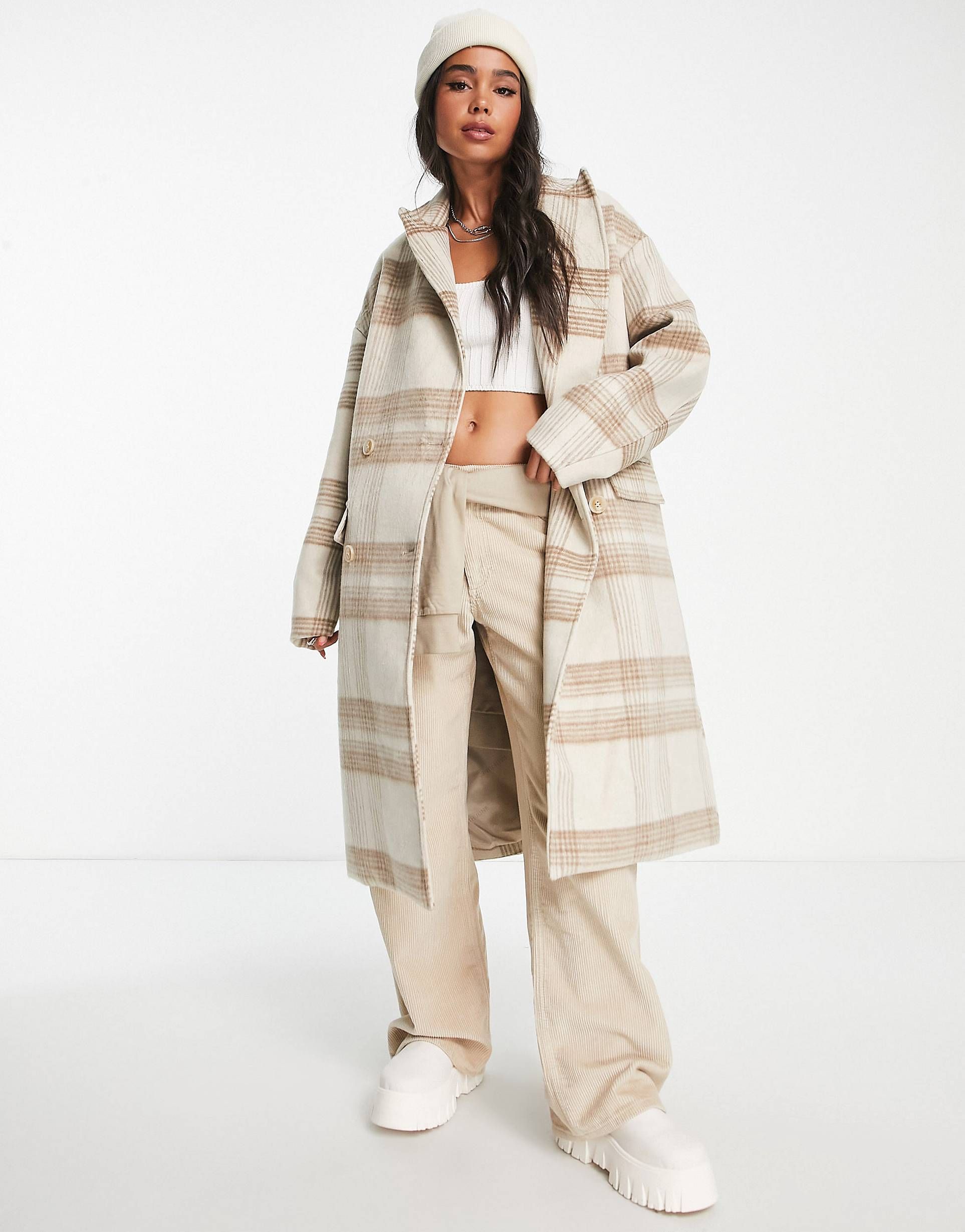 Sixth June oversized longline coat in wool effect neutral tartan | ASOS (Global)