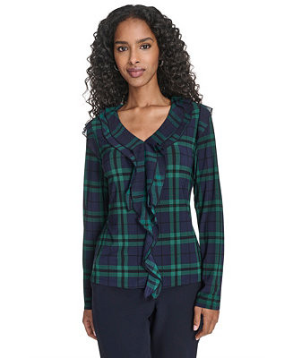 Tommy Hilfiger Women's Long Sleeve Plaid Mixed Media Ruffle Top - Macy's | Macy's