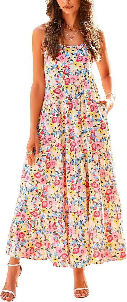 WICIWI Women's Summer Dresses 2024 Spaghetti Straps Sleeveless Backless Flowy Loose Boho Floral P... | Amazon (US)