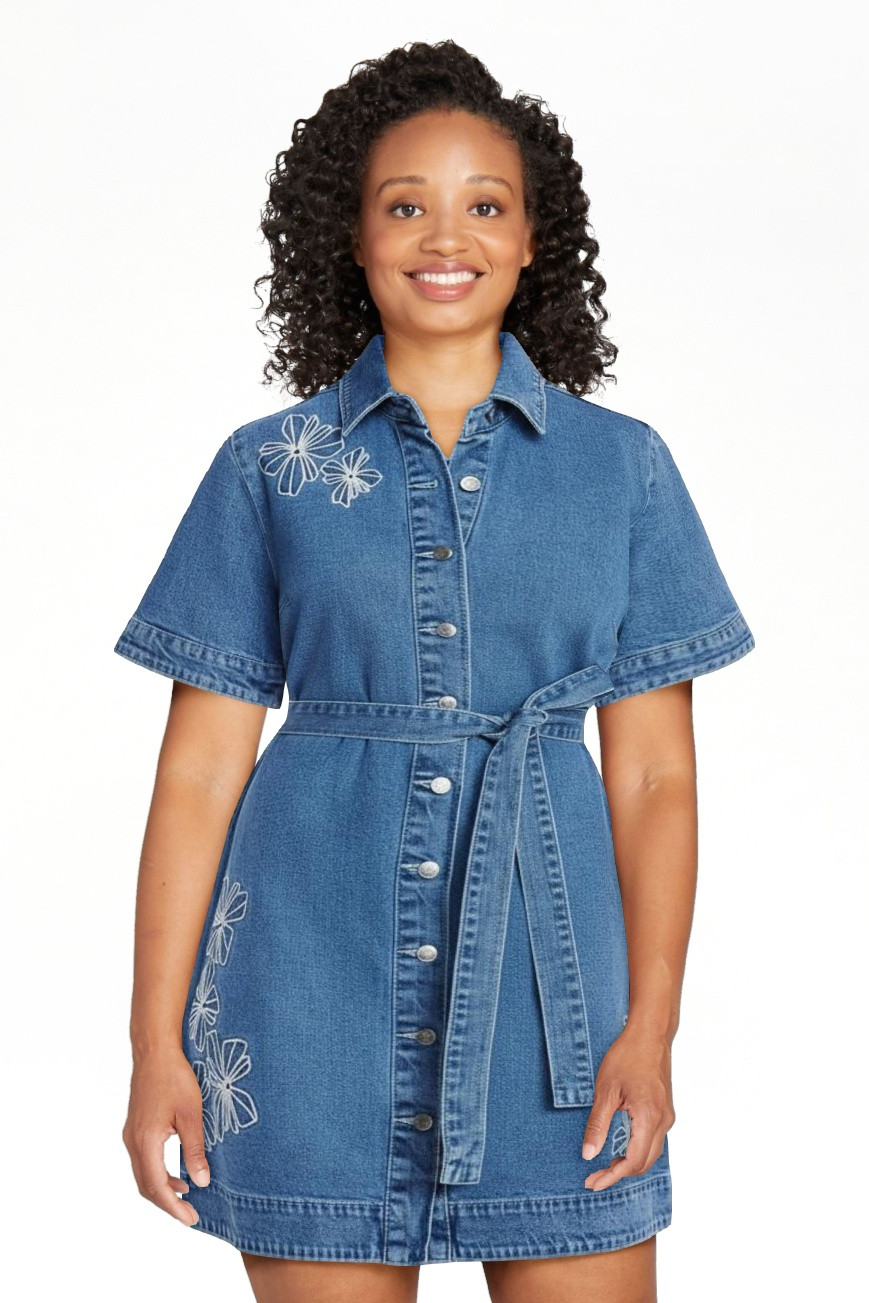 Free Assembly Women's and Women's Plus Embroidered Denim Mini Shirtdress with Belt, Sizes XS-4X | Walmart (US)