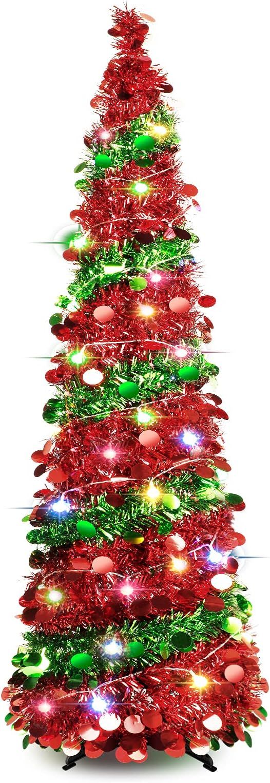 5 FT Christmas Trees with Lights, Collapsible Artificial Sequin Pop Up Christmas Tree, Tall Skinn... | Amazon (US)