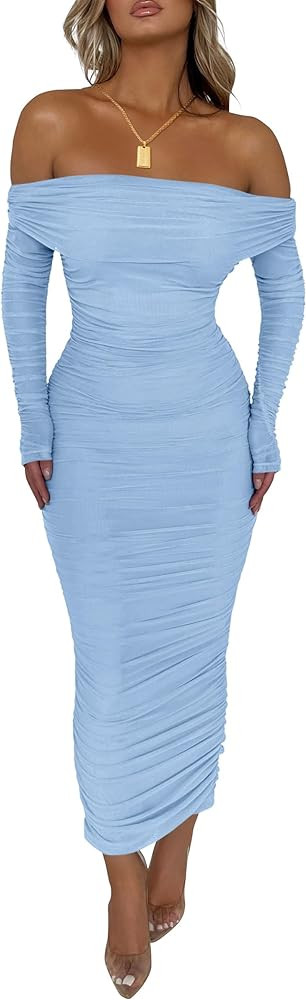 PRETTYGARDEN Women's Fall Off Shoulder Maxi Bodycon Dress Long Sleeve Ruched Sexy Club Dresses wi... | Amazon (CA)