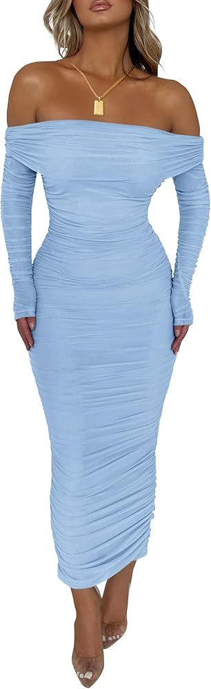 PRETTYGARDEN Women's Fall Off Shoulder Maxi Bodycon Dress Long Sleeve Ruched Fitted Club Dresses ... | Amazon (US)