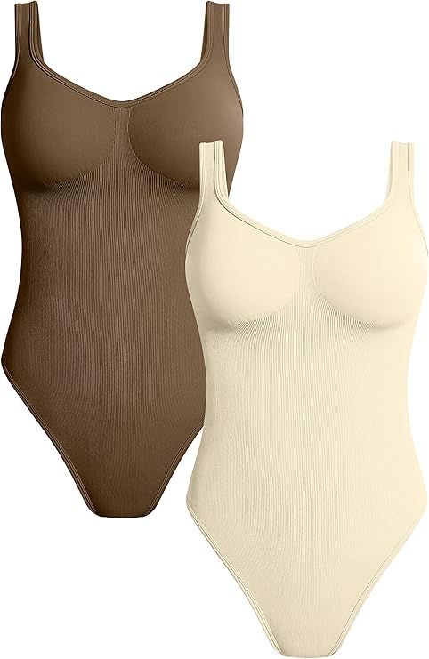 GXIN Women's 2 Piece Shapewear Bodysuits Sexy Ribbed Sleeveless Tank Tops Bodysuits | Amazon (US)