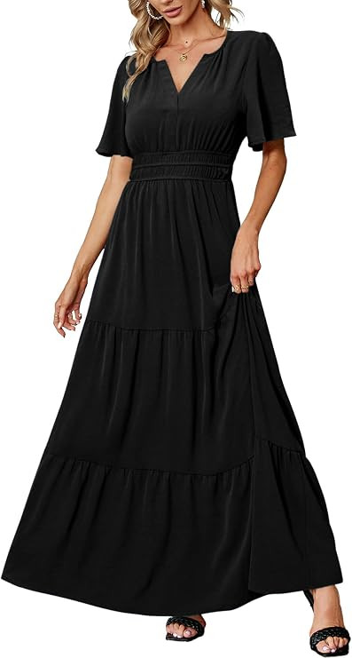 Amegoya Women's Summer Boho Maxi Dresses Casual V Neck Short Sleeve A-line Empire Waist Long Flow... | Amazon (US)
