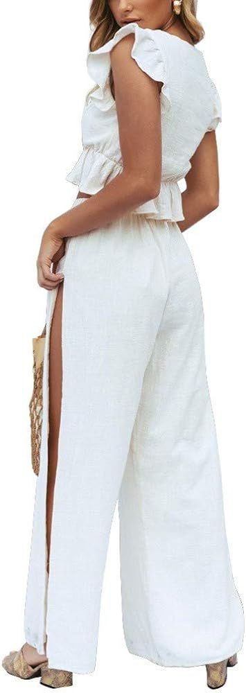FANCYINN Womens 2 Pieces Outfits Deep V Neck Crop Top Side Slit Drawstring Wide Leg Pants Set Jum... | Amazon (US)