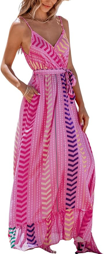 CUPSHE Women's Summer Boho Maxi Dresses Sleeveless V Neck Beach Vacation Long Sun Dress Belted Fl... | Amazon (US)