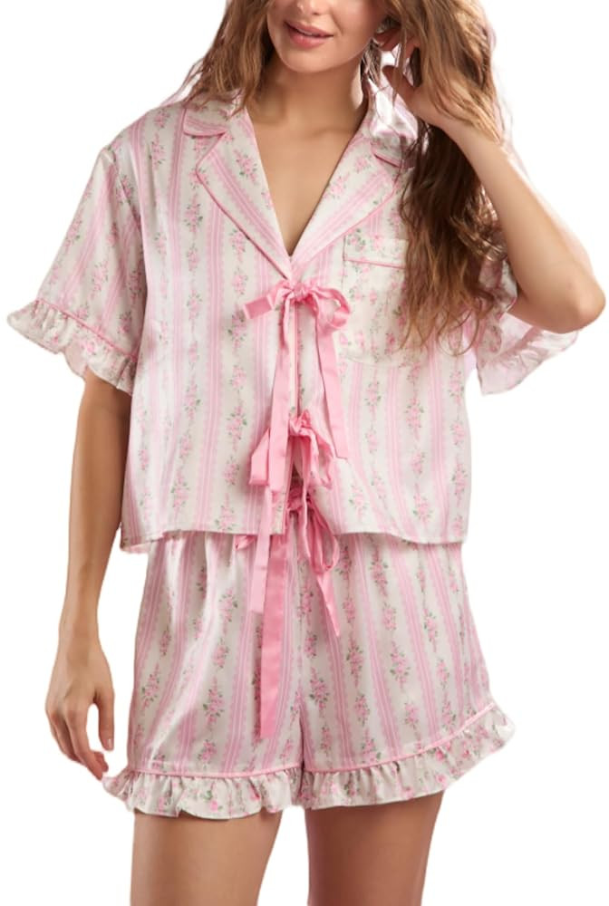 Womens Cute Bow Tie Front Pajamas Summer Y2k Floral Pjs 2 Piece Outfits Puff Sleeve Shirt Ruffle ... | Amazon (US)