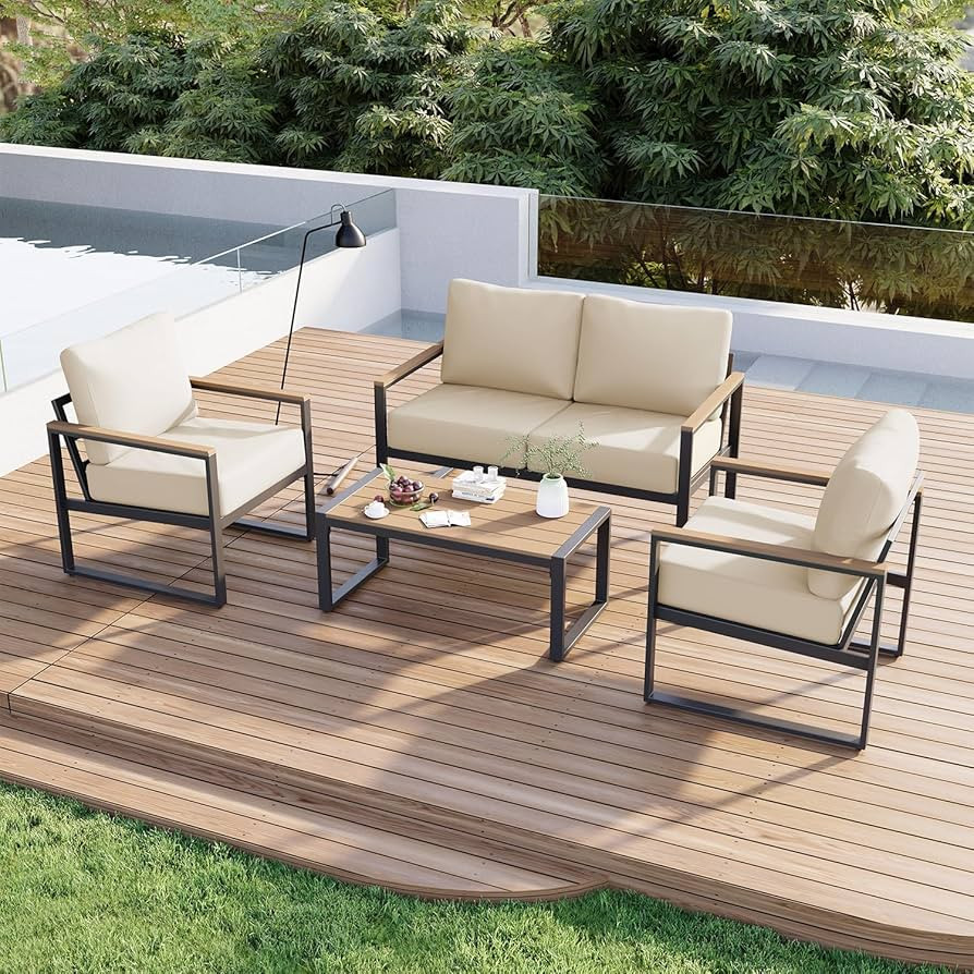 Aoxun Patio Furniture Set, 4 Piece Outdoor Patio Furniture with Thick Cushions, Modern Metal Outd... | Amazon (US)