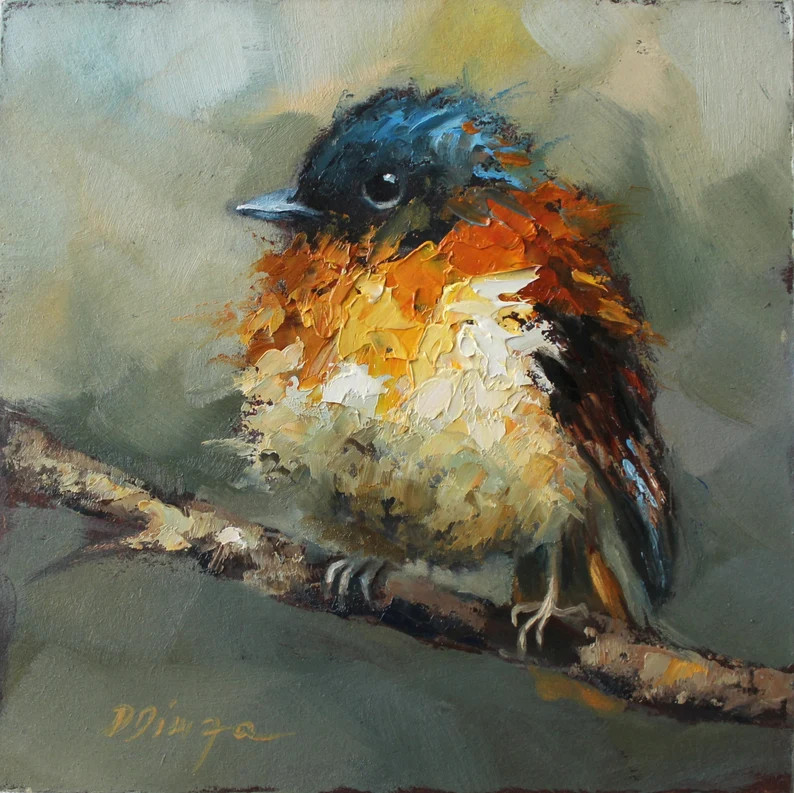 Original CUSTOM Orange Black Flycatcher Bird Oil Painting by Daiga Dimza Bright Colorful Abstract... | Etsy (US)