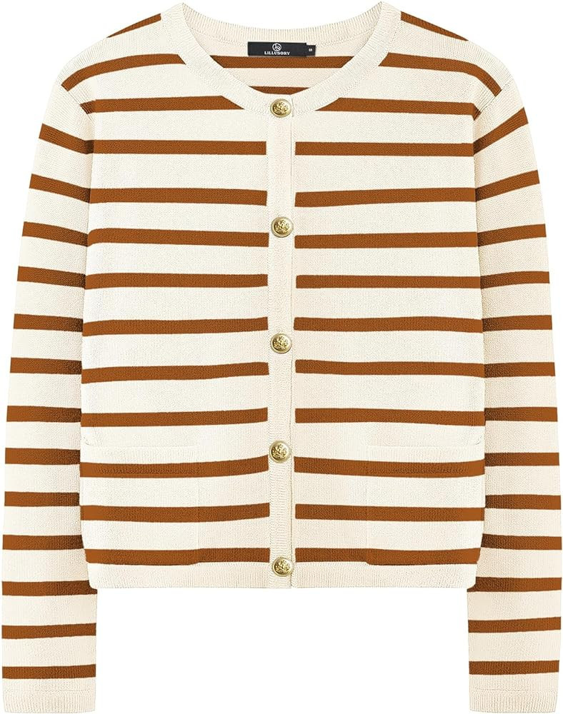 LILLUSORY Women's Crew Neck Gold Buttons Cardigan Sweaters Lady Jacket with Patch Pockets | Amazon (US)