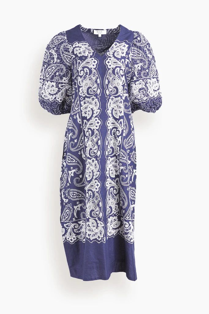 Theodora Paisley Puff Sleeve Dress in Navy | Hampden Clothing