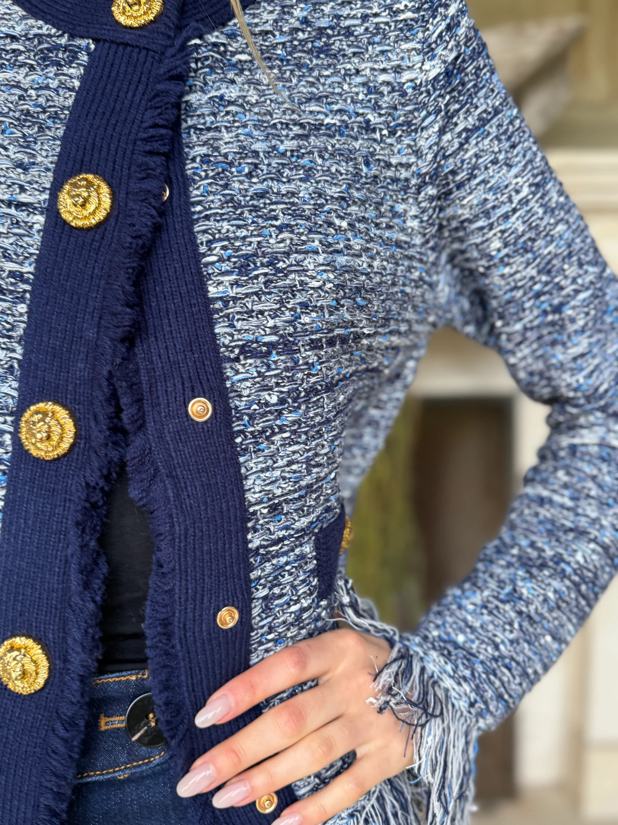 Jessica Fringe Hem Cropped Cardigan Jacket - Navy | Benaar La