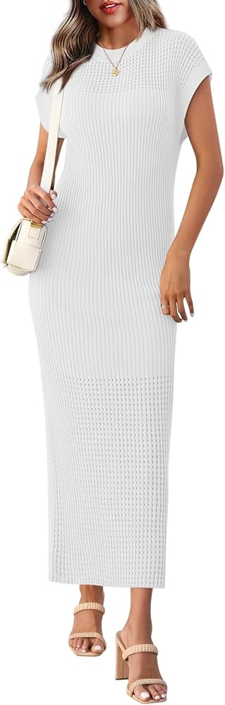 Yousify Womens Ribbed Knit Dress 2025 Trendy Casual Cap Sleeve Crewneck Maxi Dresses S-XXL | Amazon (US)
