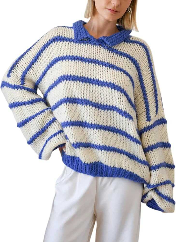 Lentta Womens Striped Sweater Crewneck Drop Shoulder Long Balloon Sleeve Oversized Knit Pullover | Amazon (US)
