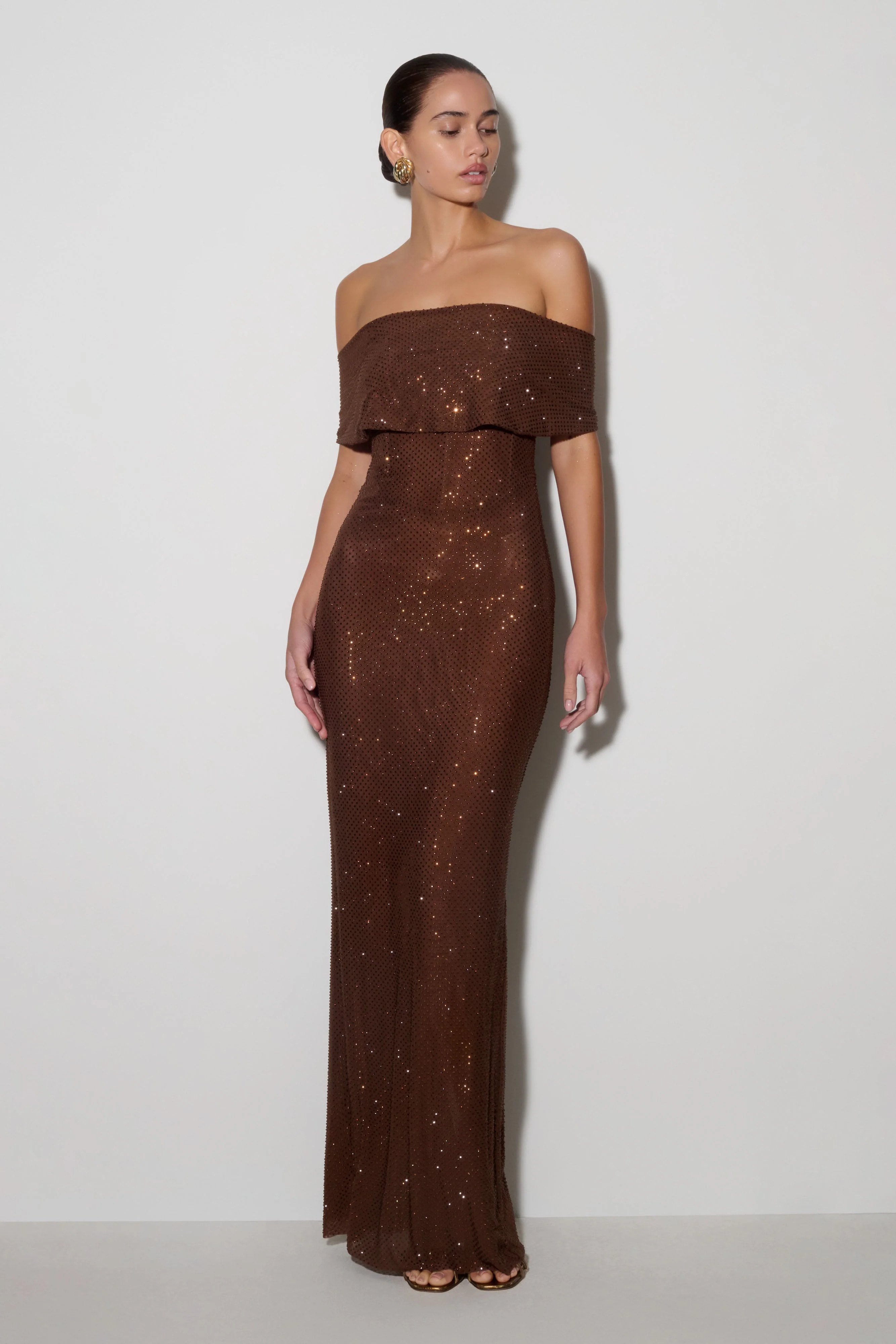 Phi Multi-Wear Cowl Diamante Maxi Dress - Chocolate | MESHKI US